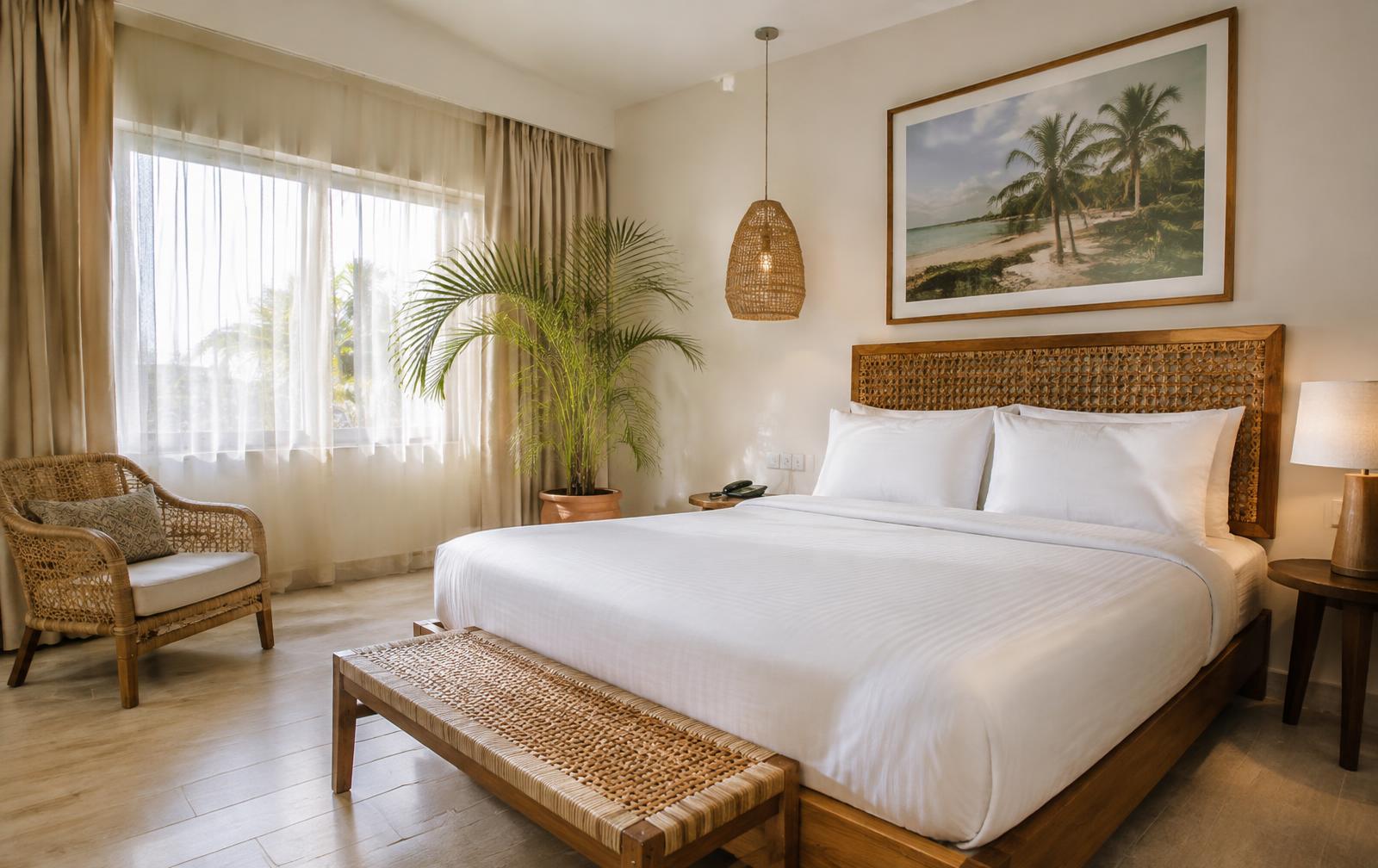 Bright hotel room with rattan headboard